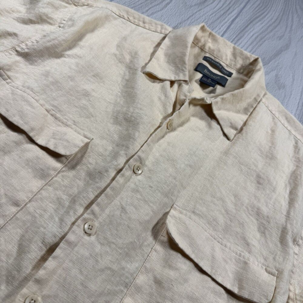 Bruno 100% Linen Button Up SS Shirt Men’s M Yello Locker Loop Lightweight Resort
